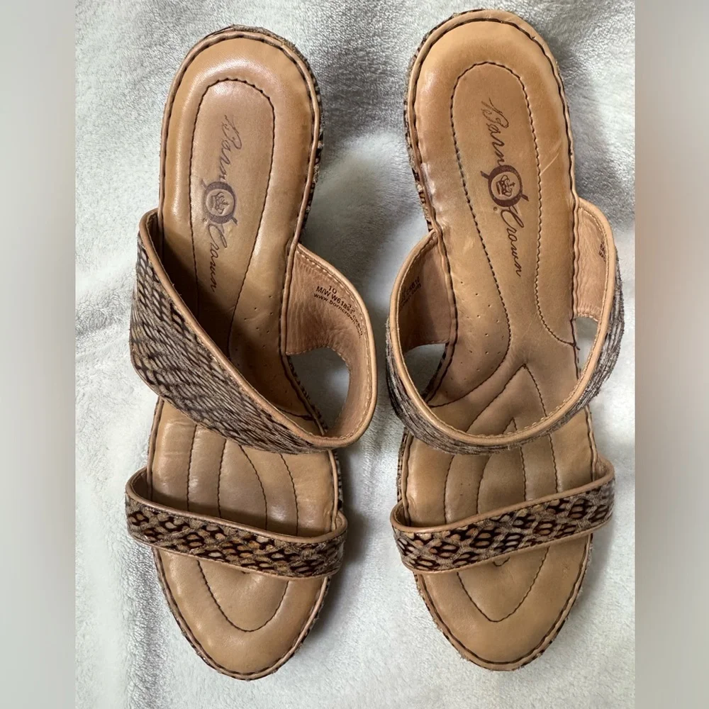 BORN CROWN Snake Print Brown Tan Women's Wedge Sandals size 10 / 42
